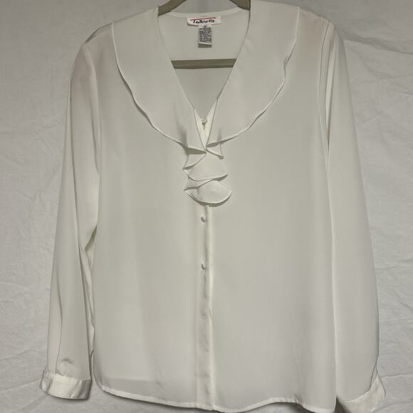 Talbots Blouse Women’s Size 10 White Button Up V Neck Ruffle Collar Chiffon Feel - Picture 1 of 13